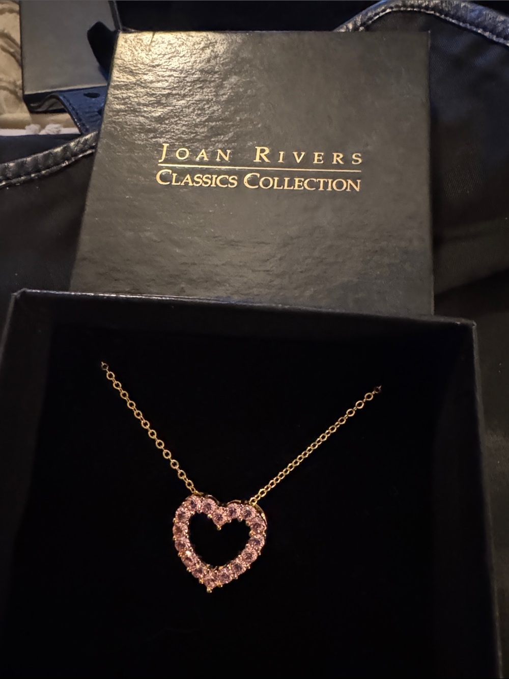 New in box Joan Rivers Gold-Tone Chain Necklace with Pink Crystal Heart Pendant